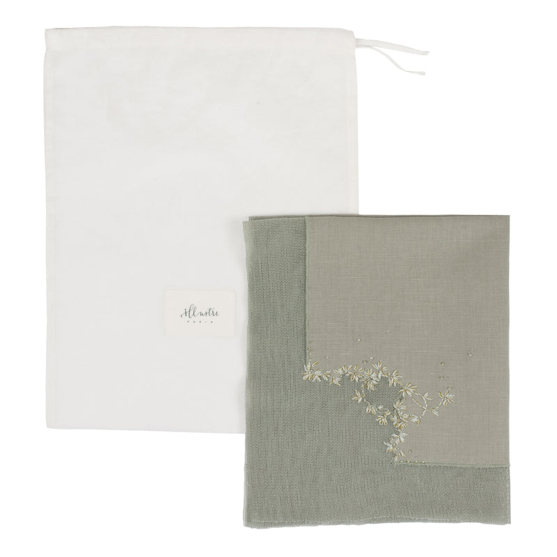Serviettes de table Lichen toile coton lin broderie vert et gris